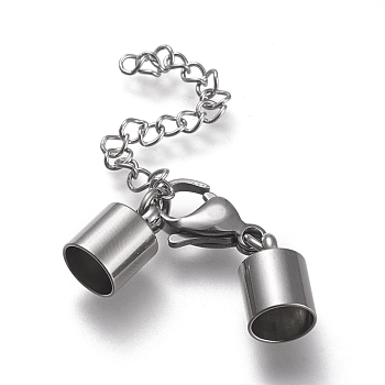 304 Stainless Steel Chain Extender, with Cord Ends, Curb Chains and Lobster Claw Clasps, Stainless Steel Color, 44mm long, Cord Ends: 12.5x8mm, 6.5mm inner diameter