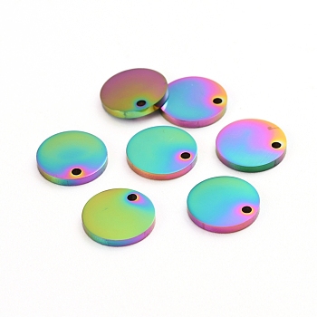 Ion Plating(IP) 304 Stainless Steel Charms, Polished, Stamping Blank Tag, Laser Cut, Flat Round, Rainbow Color, 8x1mm, Hole: 0.8mm