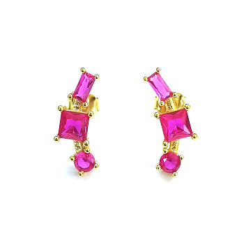 S925 Sterling Silver Geometric Stud Earrings, with Cubic Zirconia, Golden, Pink, 15x4mm