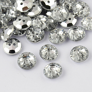 2-Hole Taiwan Acrylic Rhinestone Flat Round Buttons, Faceted & Silver Plated Pointed Back, White, 10x4mm, Hole: 1mm
