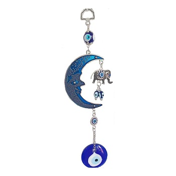 Evil Eye Moon Elephant Disk Amulet Lucky Charm, Wall Hanging Glass Pendant Blessing Protection Decor, Blue, 230mm