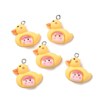 Opaque Resin Pendants, with Platinum Tone Iron Loops, Duck with Smilling Face, Yellow, 22.5x22x7mm, Hole: 2mm