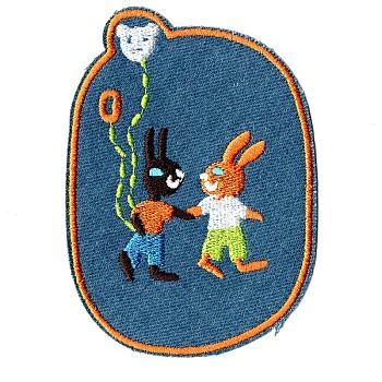 Bunny Computerized Embroidery Cloth Iron on/Sew on Patches, Costume Accessories, Oval with Rabbit & Balloons, Steel Blue, 11.7x8.3cm