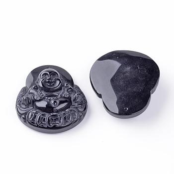Natural Obsidian Pendants, Buddha, 47x42x13mm, Hole: 1.5mm