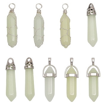 9Pcs 9 Styles Synthetic Luminous Stone Double Terminal Pointed Pendants, Faceted Bullet Charm, Glow in Dark, Dyed, with Platinum Plated Zinc Alloy Findings, Mixed Color, 38~42x9~13x8.5~11mm, Hole: 3~5mm, 1pc/style