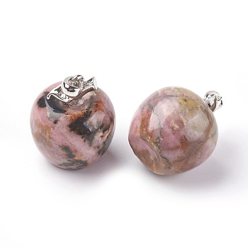 Natural Rhodonite Pendants, with Alloy Finding, Apple, Platinum, 23x20mm, Hole: 2.5x5mm