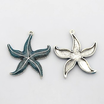Antique Silver Tone Alloy Enamel Big Pendants, Starfish/Sea Stars, Steel Blue, 50x43x4.5mm, Hole: 3mm