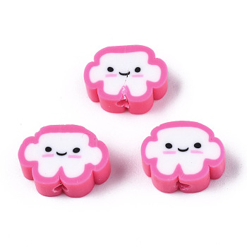 Handmade Polymer Clay Beads, Cloud with Smiling Face, Hot Pink, 6~8.5x10~11.5x4.5~5.5mm, Hole: 1.8mm