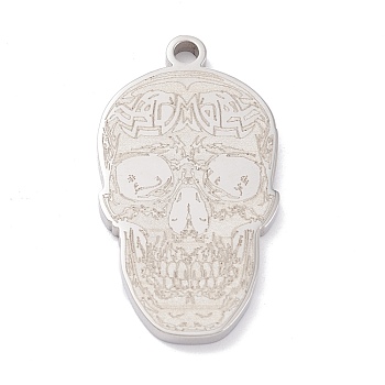 201 Stainless Steel Pendants, Laser Cut, Skull, Stainless Steel Color, 29x16x2mm, Hole: 2mm