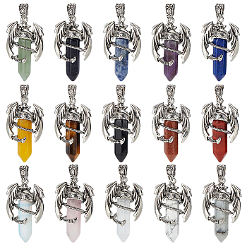 BENECREAT 15Pcs 15 Styles Natural & Synthetic Mixed Gemstone Double Terminal Pointed Pendants, Faceted Bullet Charms, with Antique Silver Plated Alloy Dragon, 40~42x24.5x12.5~13mm, Hole: 4x6.5mm, 1pc/style