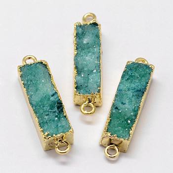 Electroplated Natural & Dyed Druzy Agate Links connectors, with Golden Plated Brass Findings, Rectangle, Dark Cyan, 32~40x8x6~7mm, Hole: 2mm