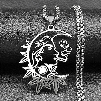 Gothic 304 Stainless Steel Hollow Moon Woman Pendant Necklaces, Stainless Steel Color, 23.31 inch(59.2cm)