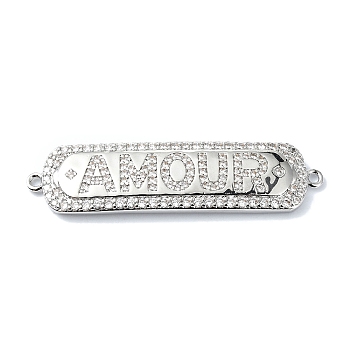 Rack Plating Brass Micro Pave Clear Cubic Zirconia Rectangle Links, Word AMOUR Connector Charms, Long-Lasting Plated, Lead Free & Cadmium Free, Platinum, 44.5x11.5x3mm, Hole: 1.4mm