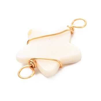 Natural Freshwater Shell Beads Links Connectors, with Real 18K Gold Plated Eco-Friendly Copper Wire, Star, Creamy White, 28x18.5x3mm, Hole: 3.5mm