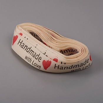 Word Printed Cotton Ribbon, Garment Accessories, with Word Handmade with Love, Red, 5/8 inch(16mm), 0.4mm, about 5yards(4.572m)/bundle