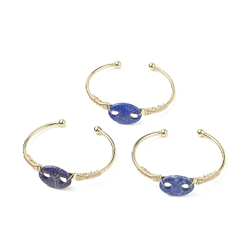 Natural Lapis Lazuli Coffee Bean Open Cuff Bangle, Real 18K Gold Plated Brass Wire Wrap Jewelry for Women, Cadmium Free & Lead Free, Inner Diameter: 1-7/8x2-1/2 inch(4.7x6.3cm)
