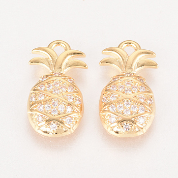 Brass Micro Pave Cubic Zirconia Pendants, Nickel Free, Real 18K Gold Plated, Pineapple, 16x8.5x3mm, Hole: 1.5mm