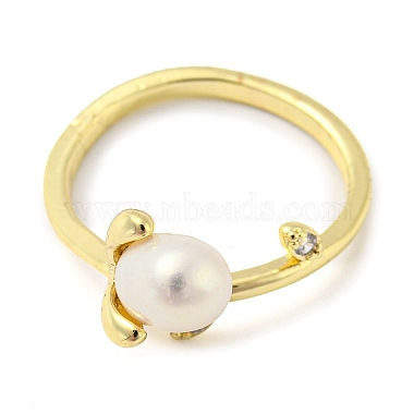 Flower Natural Pearl Cuff Ring with Rhinestone(RJEW-H220-14G)-2