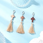 Spray Painted Synthetic Turquoise & Polyester Tassel Pendant Decorations, Cross, with Alloy Lobster Claw Clasps, Platinum, 65~70mm(HJEW-JM03933-02)