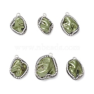 Natural Freshwater Shell Pendants, Nuggets Charms, with Polymer Clay Rhinestone and Platinum Plated Brass Loops, Olive Drab, 24~29x15.5~23.5x11~14mm, Hole: 1.8~2.5mm(SHEL-F005-08B)