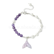 Cellulose Acetate(Resin) Whale Tail Charm Bracelet, Natural Amethyst & Shell Pearl Beaded Bracelet, 7-1/2 inch(19.2cm)(BJEW-TA00350)