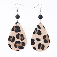 Imitation Leather Dangle Earrings, with Faux Fur, Natural Lava Rock Beads and 304 Stainless Steel Earring Hooks, Teardrop, Coffee, 90mm, Pin: 0.7mm(EJEW-JE03596-03)