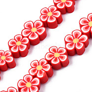 Handmade Polymer Clay Bead Strands, Flower, Red, 7.5~10x7~11x3.5~5mm, Hole: 1.6mm, about 38~40pcs/strand, 13.58 inch~14.57 inch(34.5~37cm)(CLAY-N011-48A-05)