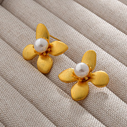 Flower Brass & Plastic Imitation Pearl Stud Earrings, Real 22K Gold Plated, 20x17.5mm(EJEW-A121-03G)