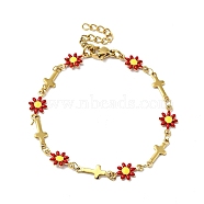 Enamel Flower & Cross Link Chain Bracelet, Gold Plated 304 Stainless Steel Jewelry for Women, Red, 6-5/8 inch(16.9cm)(BJEW-C023-01G-03)