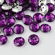 2-Hole Taiwan Acrylic Rhinestone Flat Round Buttons, Faceted & Silver Plated Pointed Back, Purple, 10x4mm, Hole: 1mm(BUTT-F015-10mm-05)