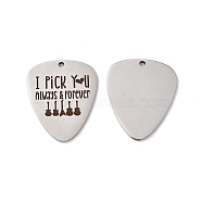 201 Stainless Steel Pendants, Guitar Pick Charm, Laser Cut, with Word I'd Pick You Always & Forever, Stainless Steel Color, 35x28x1.5mm, Hole: 2.2mm(STAS-J401-LD016)