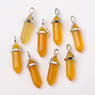 Natural Agate Double Terminated Pointed Pendants, with Random Alloy Pendant Hexagon Bead Cap Bails, Bullet, Platinum, 37~40x12mm, Hole: 3mm(G-F295-05F)