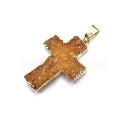 Natural Druzy Agate Pendants, Dyed, Religion Cross Charms with Golden Tone Metal Findings, Orange, 31x23mm(PW-WG78782-04)