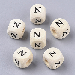 Printed Natural Wood Beads, Horizontal Hole, Cube with Initial Letter, PapayaWhip, Letter.N, 10x10x10mm, Hole: 3.5mm(X-WOOD-T026-001N)