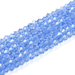 Transparent Electroplate Glass Beads Strands, Pearl Luster Plated, Faceted, Bicone, Cornflower Blue, 2.9~3.3x2.5mm, Hole: 0.7mm, about 135~140pcs/strand, 38~40cm(EGLA-A039-T2mm-A07)