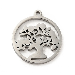 304 Stainless Steel Pendants, Flat Round with Tree of Life, Stainless Steel Color, 13x12x0.8mm, Hole: 1mm(STAS-E159-02P)