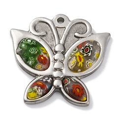 Handmade Millefiore Glass Pendants, Butterfly, with 304 Stainless Steel Findings, Stainless Steel Color, 34x35x5mm, Hole: 2mm(STAS-Q342-02P)