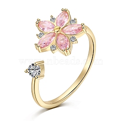 925 Sterling Silver Open Finger Rings, with Cubic Zirconia for Women, Peach Flower Anxiety Worry Fidget Spinner Ring, Real 18K Gold Plated, 1.5mm, US Size 7(17.3mm)(RJEW-A019-48G)