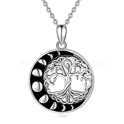 Rhodium Plated 925 Sterling Silver Tree of Life Pendant Necklaces, Moon Phase Pendant Necklaces for Women, Platinum, 17.72 inch(45cm)(PW-WGD3068-01)