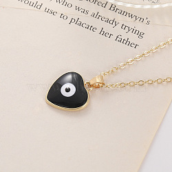 Bohemian Vintage Evil Eye Heart-shaped Alloy Enamel Pendant Lockbone Necklaces for Women, Golden, Black(SH6817-5)