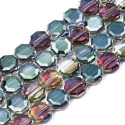 Electroplate Translucent Glass Beads Strands, Half Plated, Faceted, Octagon, Cadet Blue, 7~8x7~8x4mm, Hole: 1.2mm, about 72pcs/strand, 20.47 inch(52cm)(EGLA-N002-27-D02)
