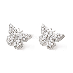 Clear Cubic Zirconia Butterfly Stdud Earrings with ABS Pearl Beaded, Brass Jewelry for Women, Cadmium Free & Lead Free, Platinum, 17.5x25.5mm, Pin: 0.8mm(EJEW-P213-06P)