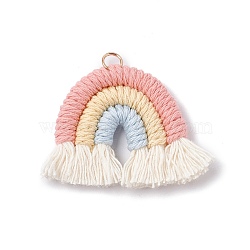 Macrame Weaving Rainbow Tassel Pendants, with Golden Iron Loops, Pink, 40~50x35~37x6.5mm, Hole: 4.2mm(FIND-I026-01D)