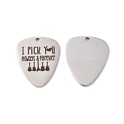 Non-Tarnish 201 Stainless Steel Pendants, Guitar Pick Charm, Laser Cut, with Word I'd Pick You Always & Forever, Stainless Steel Color, 35x28x1.5mm, Hole: 2.2mm(STAS-J401-LD016)