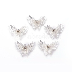 Brass Pendants, with Rhinestone, Butterfly, Silver Color Plated, 27x35x7.5mm, Hole: 1.2mm(KK-WH0032-01S)