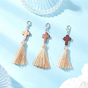 Spray Painted Synthetic Turquoise & Polyester Tassel Pendant Decorations, Cross, with Alloy Lobster Claw Clasps, Platinum, 65~70mm