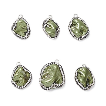 Natural Freshwater Shell Pendants, Nuggets Charms, with Polymer Clay Rhinestone and Platinum Plated Brass Loops, Olive Drab, 24~29x15.5~23.5x11~14mm, Hole: 1.8~2.5mm