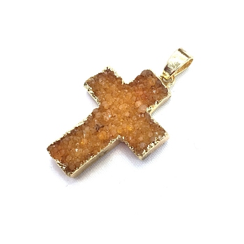 Natural Druzy Agate Pendants, Dyed, Religion Cross Charms with Golden Tone Metal Findings, Orange, 31x23mm