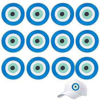 12Pcs Evil Eye Iron on/Sew On Patches, Polyester Appliques, Clothing Patches, Medium Blue, 54x1.5mm