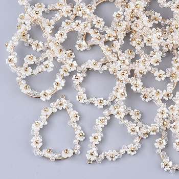 ABS Plastic Imitation Pearl Pendants, with Clear Glass Beads, CCB Beads and Golden Plated Brass Findings, Teardrop, Creamy White, 42x29.5x4mm, Hole: 1.5mm